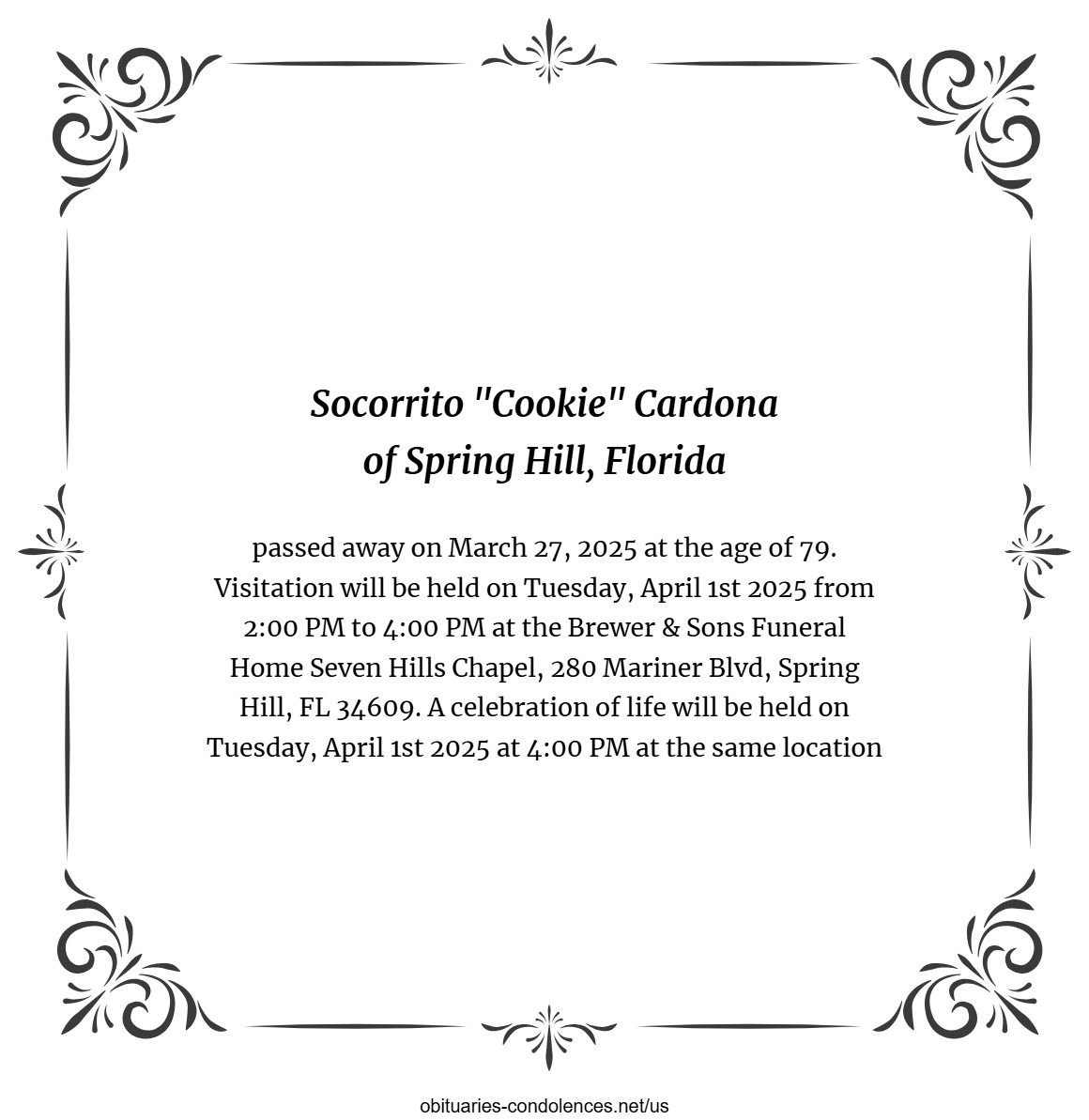 Obituary - Socorrito Cardona Obituary - Socorrito Cardona
